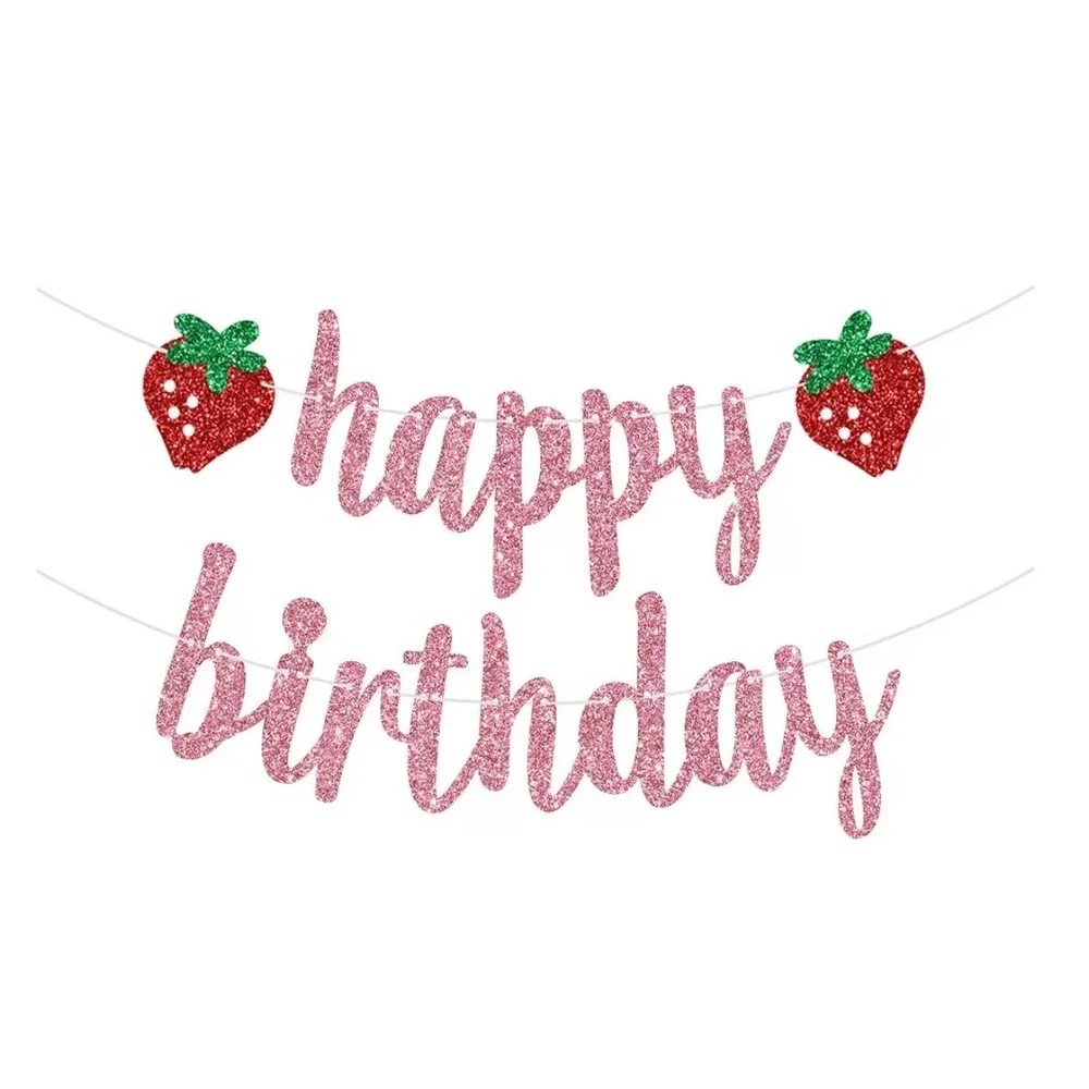 Strawberry Happy Birthday Banner Pink Glitter Berry Theme Party Decoration Sign